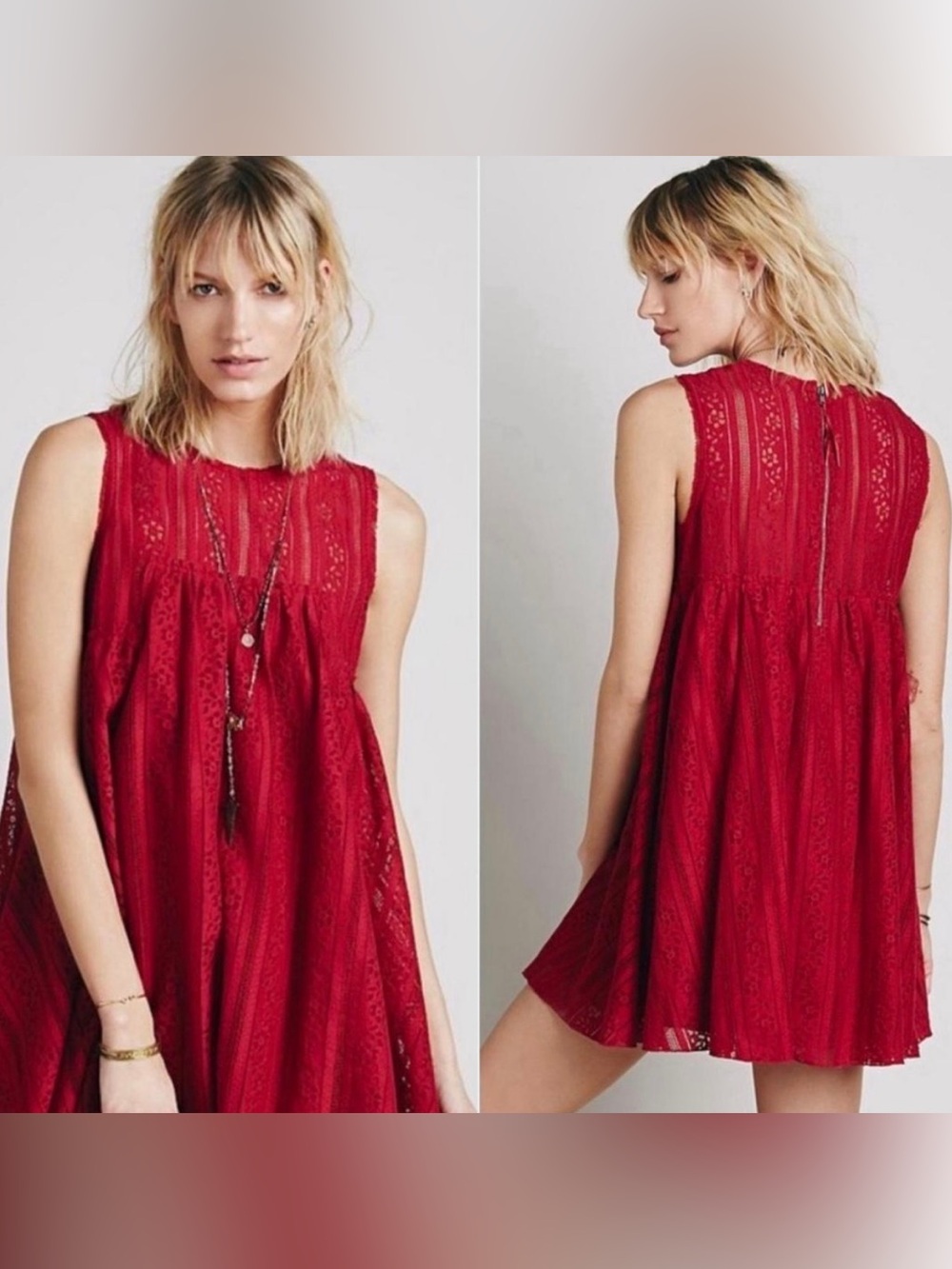 Free People Tu Es La Lace Swing Mini Dress Ruby Red Size XS